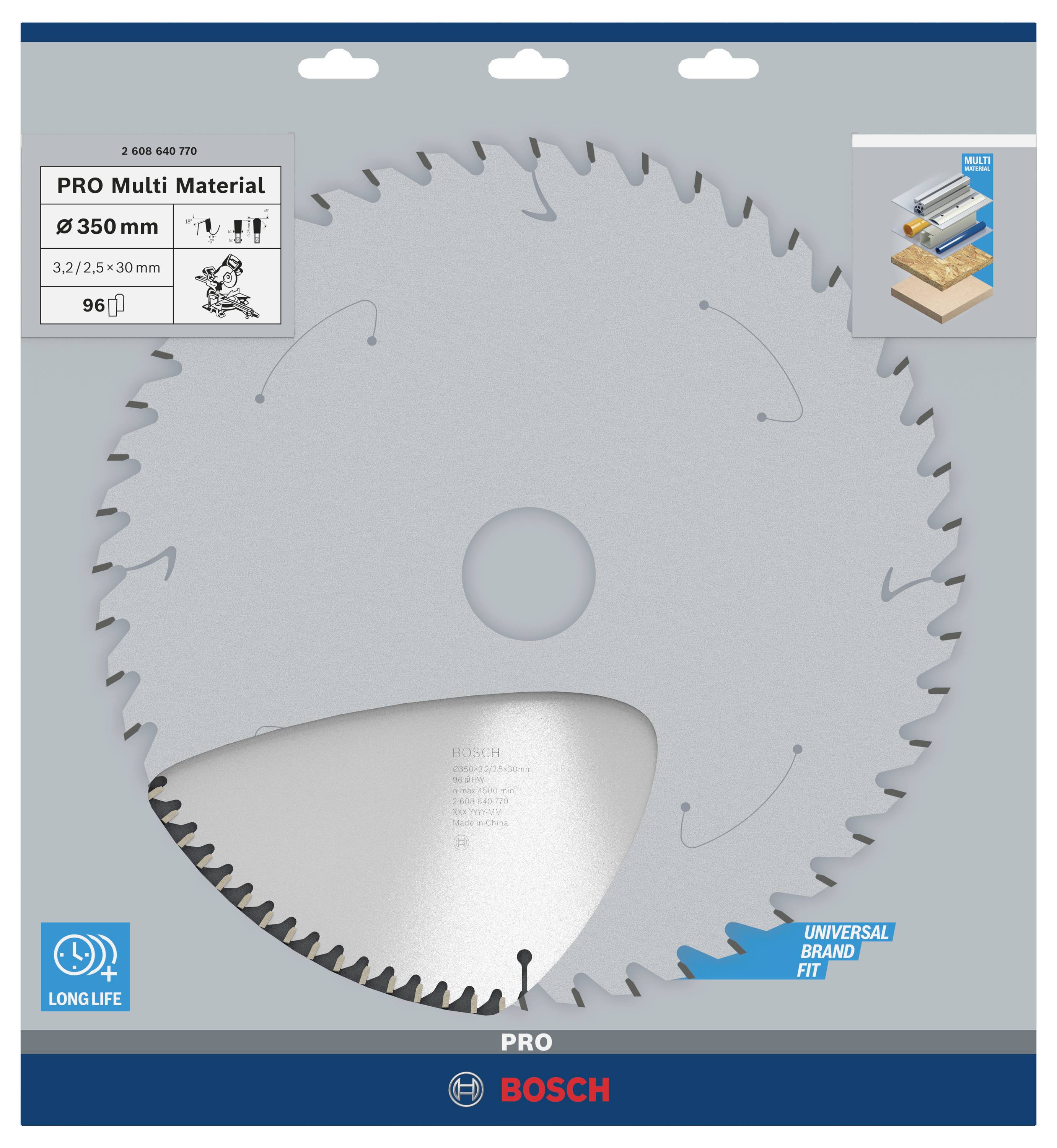 Lama per sega circolare Bosch, diametro 350 mm, adatta per diversi materiali, mostra confezione con simboli per durata e compatibilità universale.