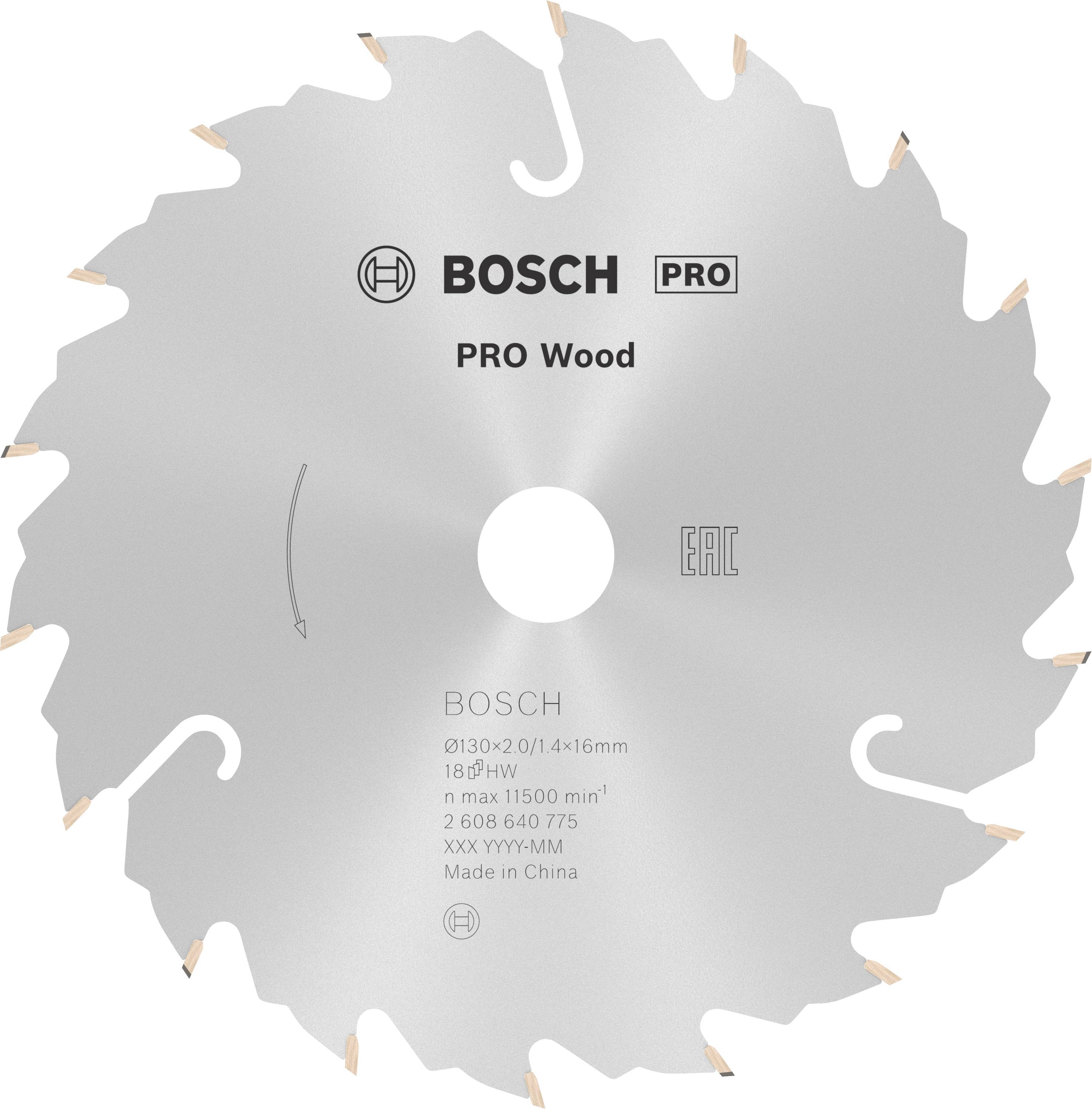 Lama di sega circolare con la scritta 'Bosch PRO Wood'. Adatto per il legno. Dettagli sulla dimensione, numero massimo di giri e luogo di produzione visibili.