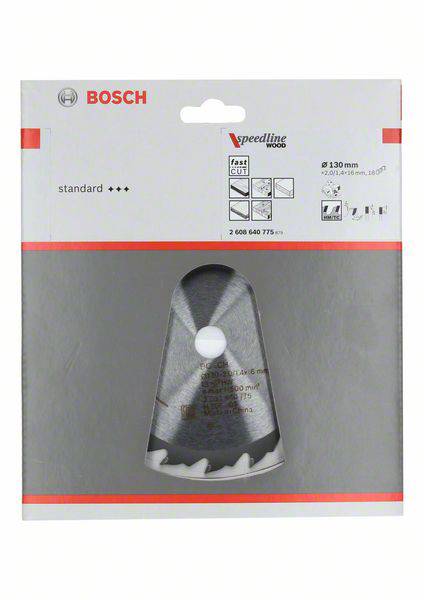 Confezione per lama circolare Bosch 'Speedline Wood' per legno, diametro 130 mm, con simboli per applicazioni e specifiche.