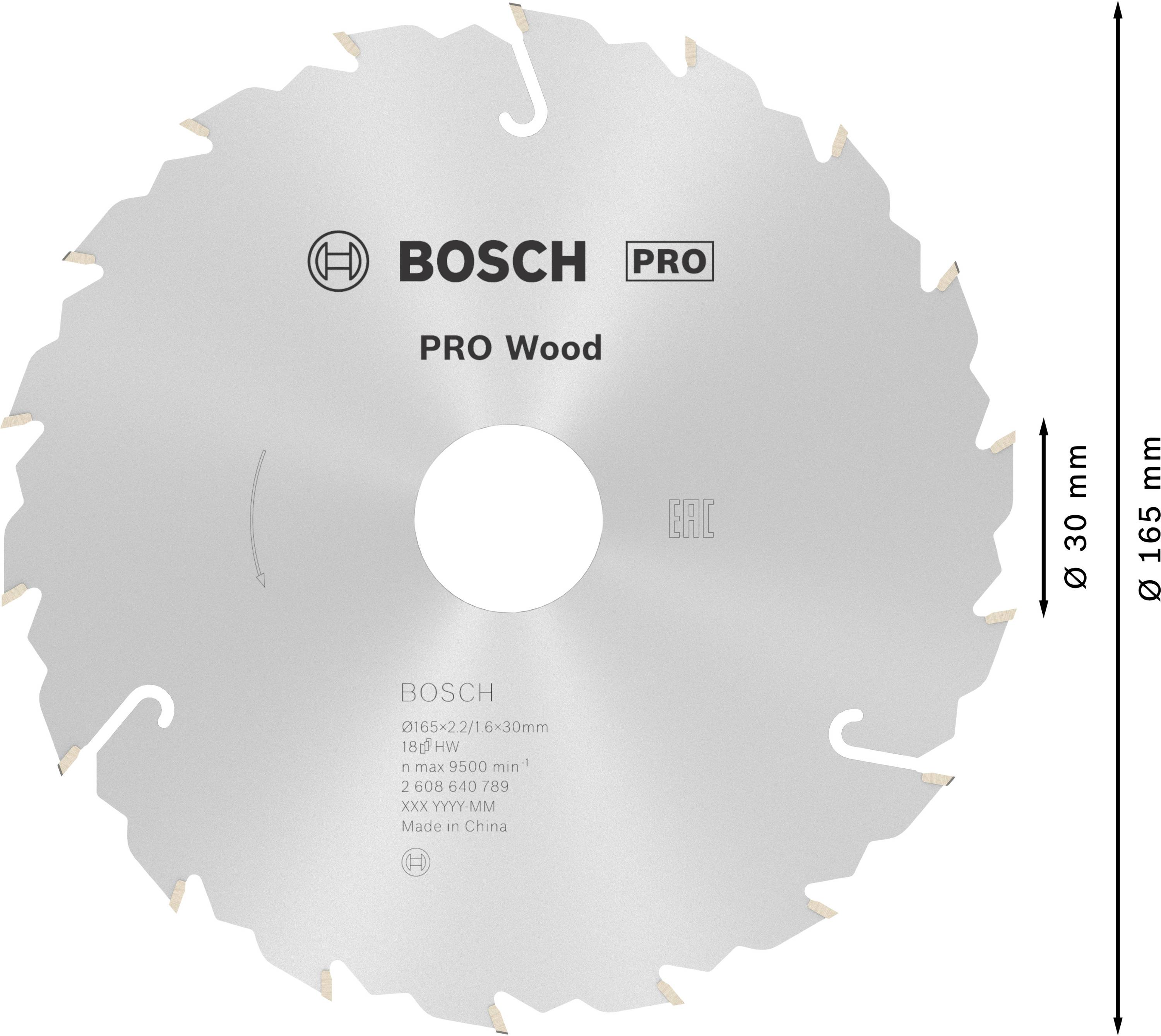 Lama per sega circolare con 18 denti per legno, marca Bosch Pro. Diametro 165 mm, larghezza di taglio 30 mm.