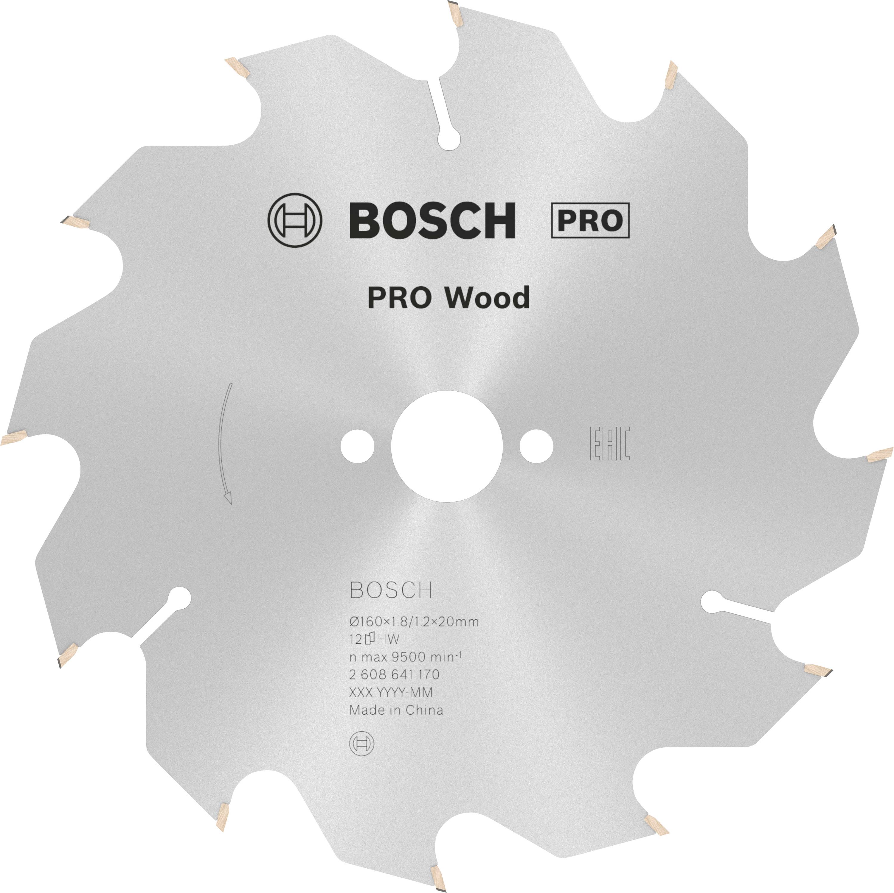 Lama per sega circolare con la scritta 'BOSCH PRO Wood'. Adatto per lavori in legno, diametro 216 mm, max. 9500 giri/min. Prodotto in Cina.