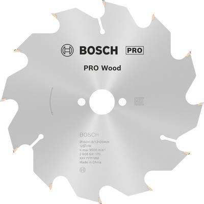 Lama per sega circolare con la scritta 'BOSCH PRO Wood'. Adatto per lavori in legno, diametro 216 mm, max. 9500 giri/min. Prodotto in Cina.