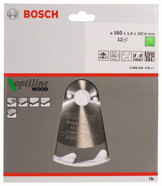 'Lama da sega per legno Bosch, diametro 160 mm, compatibilità e specifiche tecniche indicate sulla confezione.'