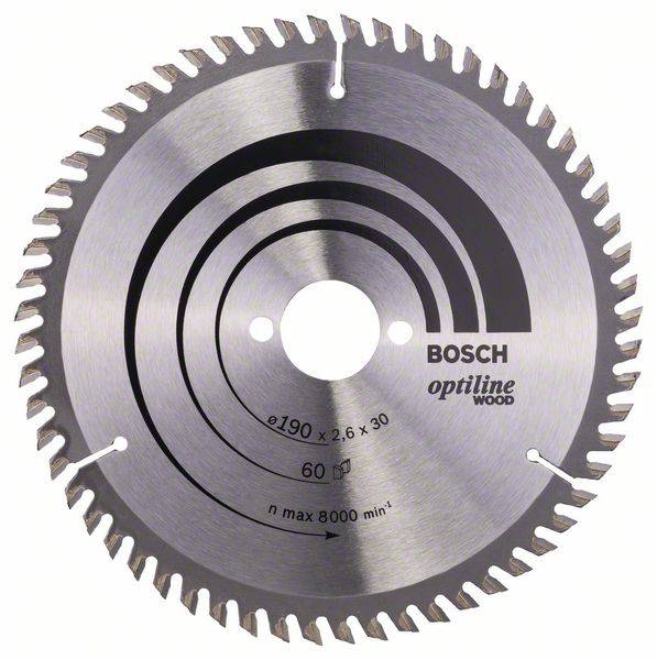 Lama per sega circolare con diametro di 190 mm, 60 denti, adatta per il legno. Marca: Bosch Optiline. Velocità massima: 8000 min⁻¹.