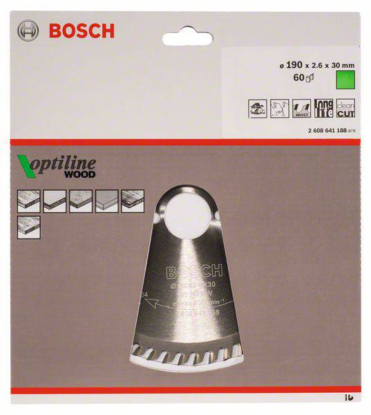 Confezione di una lama per sega circolare Bosch Optiline Wood. Mostra la lama da taglio e descrizioni relative alle dimensioni e all'idoneità per il legno.