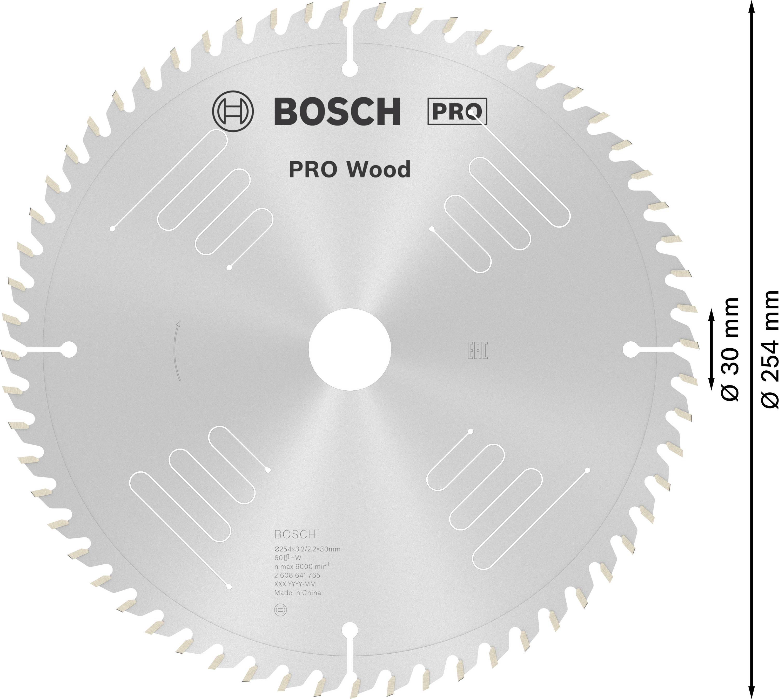 Lama per sega circolare Bosch, modello 'PRO Wood', diametro esterno 254 mm. Adatta per la lavorazione del legno.