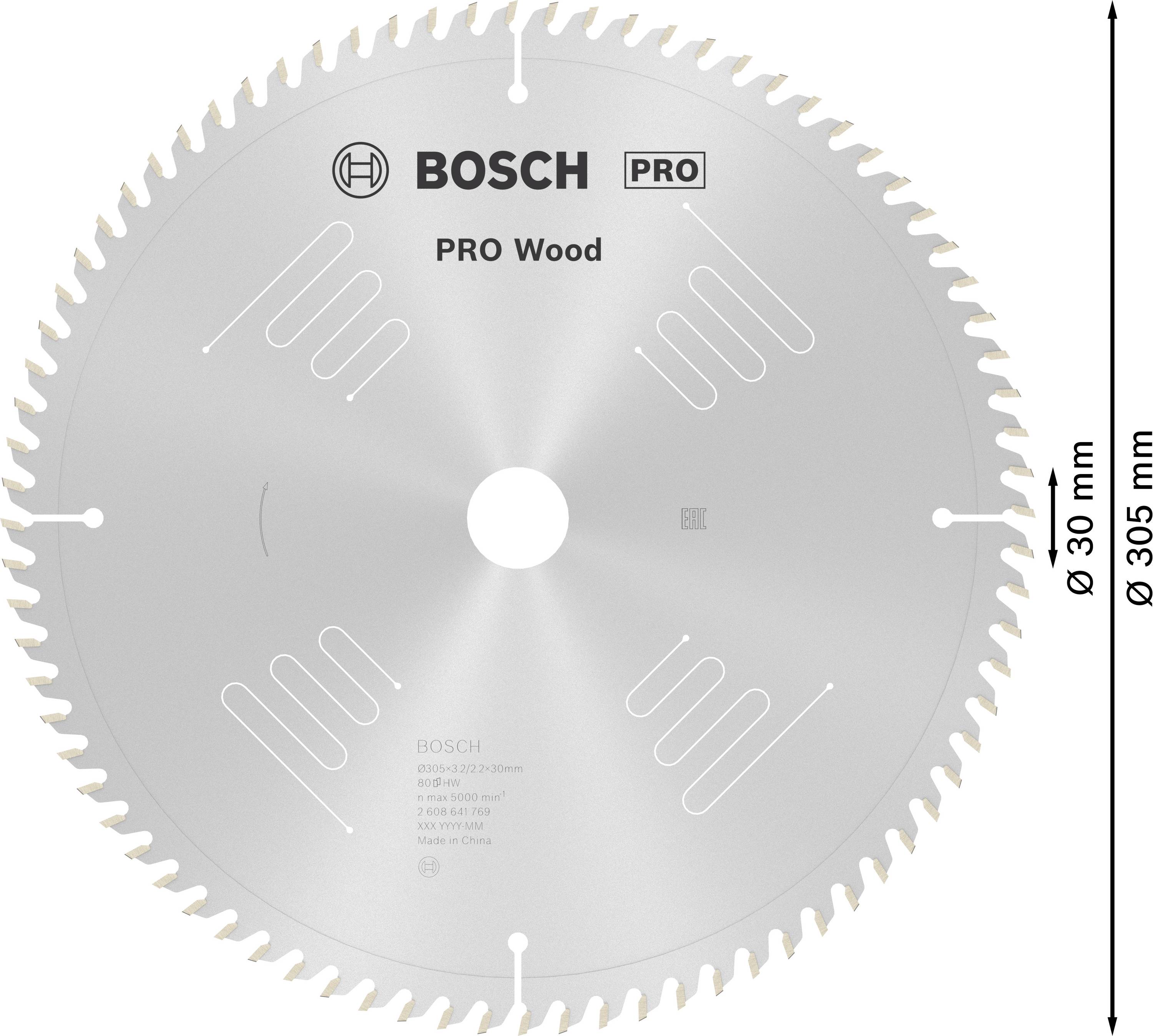 Lama per sega Bosch per legno con 80 denti, diametro 305 mm, foro 30 mm, adatta per seghe da banco e troncatrici.