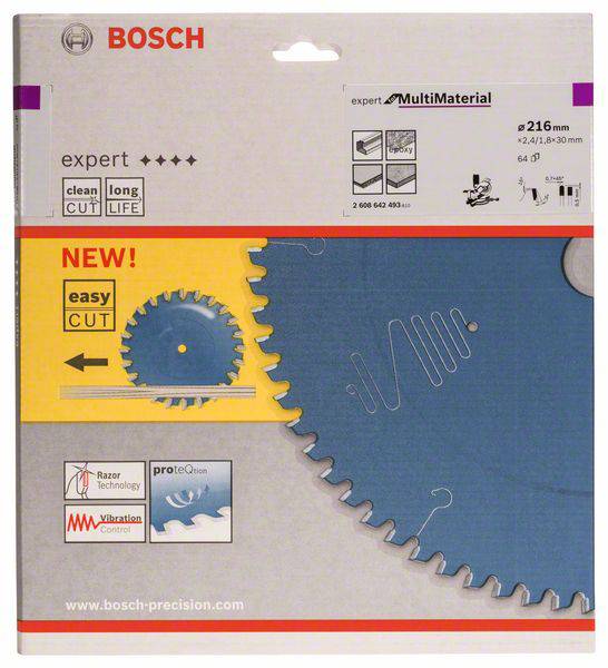 Un imballaggio di una lama per sega Bosch con la scritta 'expert for MultiMaterial', 'easy cut', che mostra una lama per sega blu.