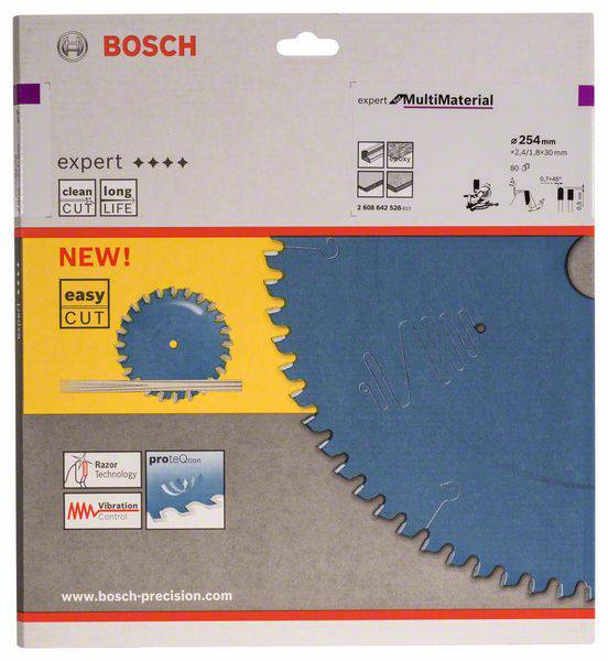 Packaging di una lama Bosch per sega 'Multimaterial', '254 mm', 'easy cut', design blu e grigio, che enfatizza durabilità e precisione.