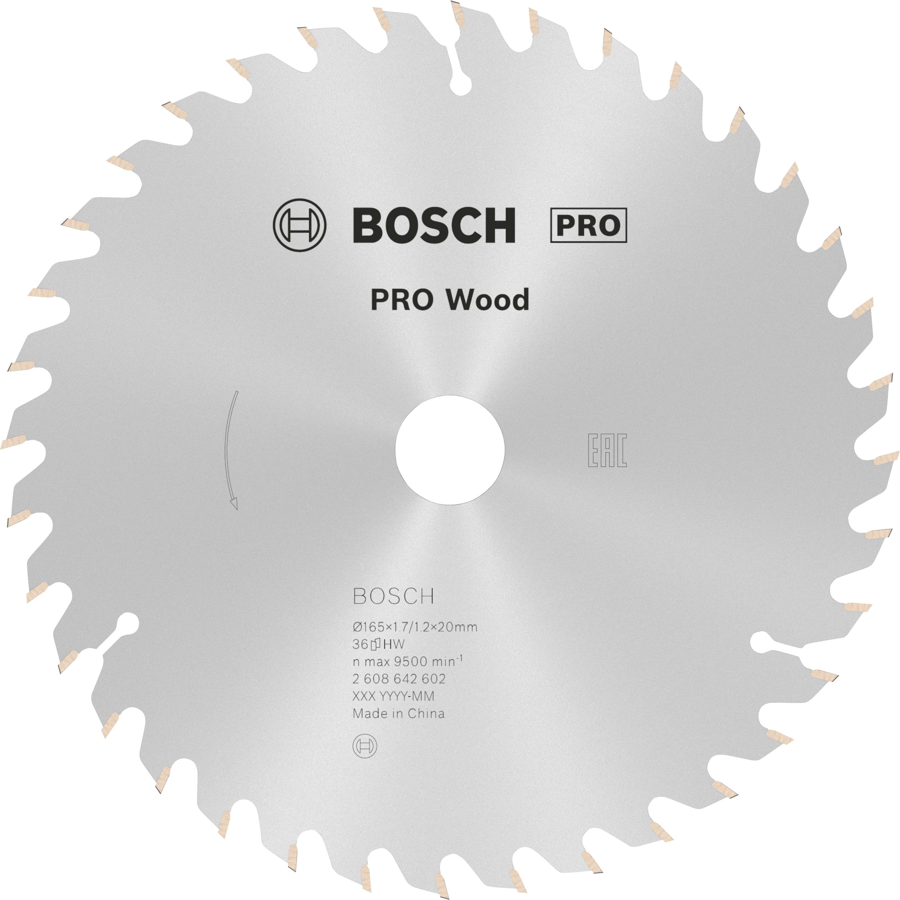 Lama circolare in metallo con la scritta 'Bosch Pro Wood', adatta per lavori in legno. Contiene specifiche tecniche.