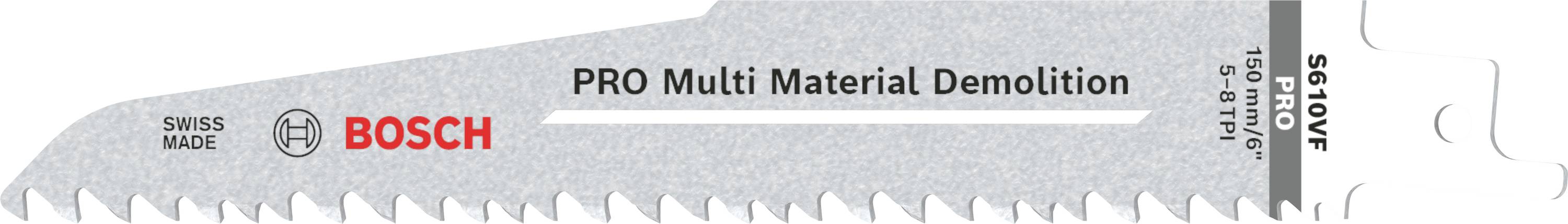 Lama per sega a sciabola con scritta 'PRO Multi Material Demolition', marca Bosch, modello S611DF, per lavori di demolizione su materiali diversi.