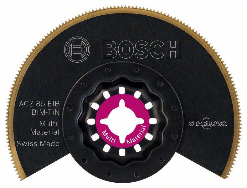 Lama circolare Bosch per utensili multiuso. Testo: 'Multi Material', 'ACZ 85 EIB BIM-TiN', 'Swiss Made'.