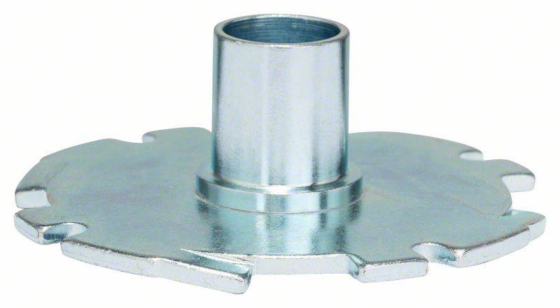 Un pezzo di metallo argentato, presumibilmente un componente di fissaggio, con una base piatta e una sezione centrale cilindrica.