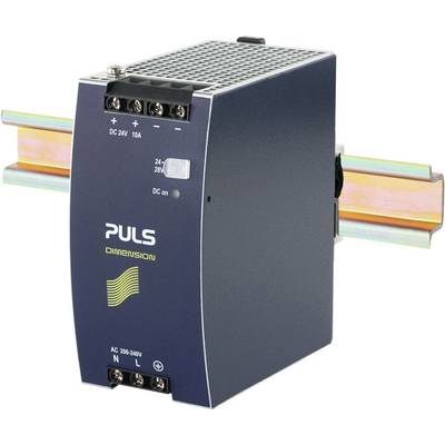 Un alimentatore switching con la scritta 'PULS Dimension'. È montato su una guida DIN. Il dispositivo è adatto per AC 200-240V.