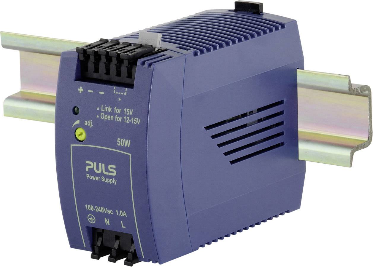 'Unità di alimentazione blu per guida DIN Puls. Specifiche sul dispositivo: 50W, 100-240VAC, 1.0A, Aperto per 12-15V.'