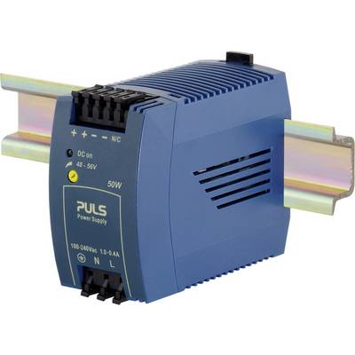 Modulo di alimentazione blu PULS da 50W, montato su guida DIN, per intervalli di tensione tra 48-56V.