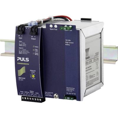 Alimentatore per guida DIN di Puls con batteria di backup, idoneo per applicazioni industriali. Mostra i connettori, i fusibili e i dettagli tecnici.