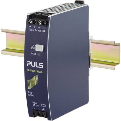 Alimentatore industriale PULS Dimension montato su guida DIN, con ingresso 24V DC e uscita 12-15V DC, 8A.