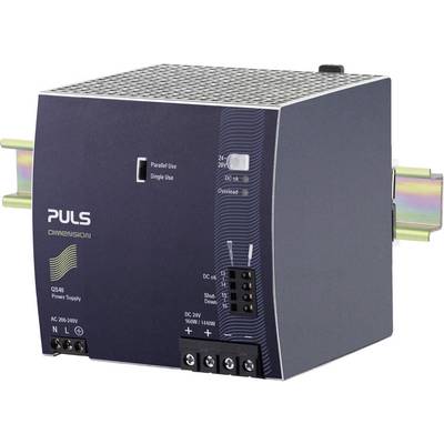 Alimentatore grigio-blu 'PULS DIMENSION' per montaggio su guida DIN. Mostra diversi connettori e spie LED sul lato frontale.