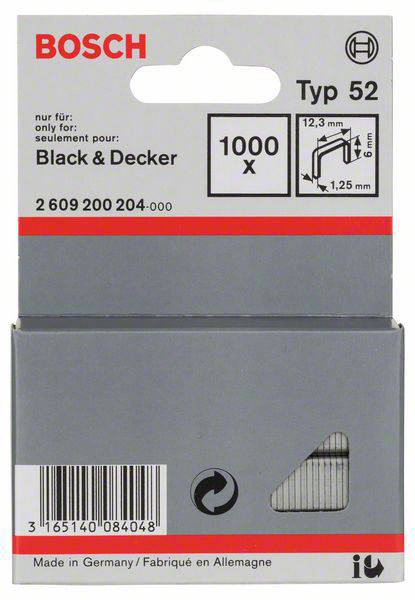 Confezione di graffette Bosch Tipo 52, dimensioni 12,3 mm x 6 mm, compatibili con Black & Decker, 1000 pezzi, prodotte in Germania.