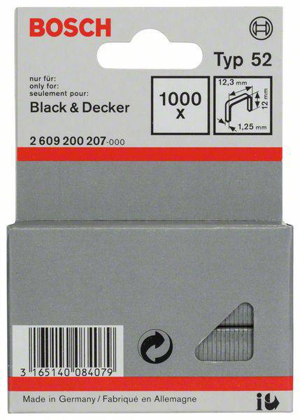 Scatola di graffette marca Bosch, tipo 52, 1000 pezzi, appositamente adatte per dispositivi Black & Decker. 12,3 mm x 1,25 mm.