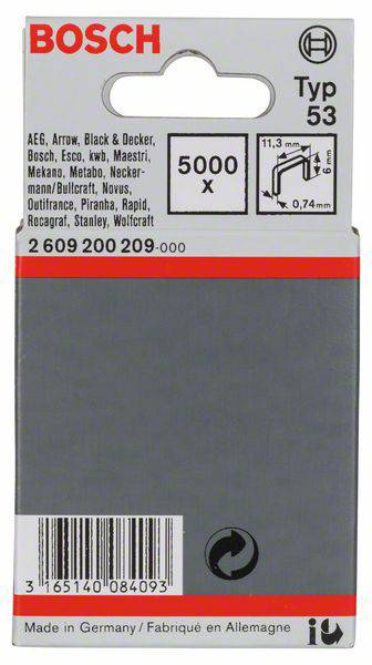 Confezione grigia di graffette Bosch Tipo 53. Contiene 5000 pezzi. Compatibile con diversi marchi. Fatto in Germania.