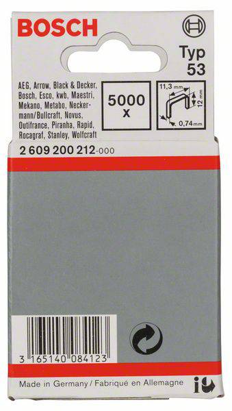 Confezione di graffette Bosch tipo 53, 5000 pezzi, adatte per marchi come AEG, Arrow, Metabo. Dimensioni: larghezza 11,3 mm, spessore 0,74 mm.