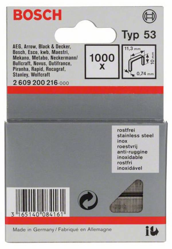 Bosch Accessories 2609200216 Graffette punto sottile tipo 53 1000 pz. Dimensioni (L x L) 10 mm x 11.4 mm