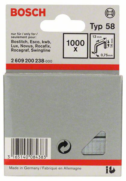 Graffette Bosch Tipo 58, 1000 pezzi, per diversi marchi. Dimensioni: 13 mm x 14 mm, spessore del filo: 0,75 mm. Prodotte in Germania.
