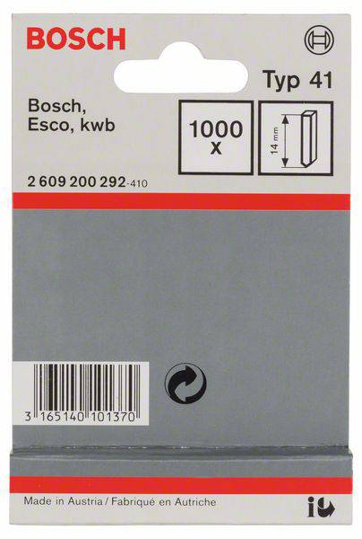 Confezione di graffette per sparachiodi 'Tipo 41', marca Bosch, quantità 1000 pezzi, prodotte in Austria. Contiene codici a barre e disegno tecnico.