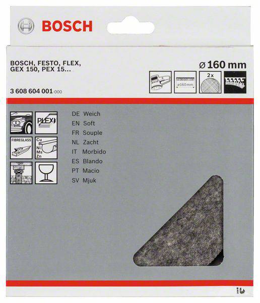 Confezione di un pad abrasivo, diametro 160 mm, per macchine Bosch e altri marchi. Illustrazione delle modalità di utilizzo e dei materiali.