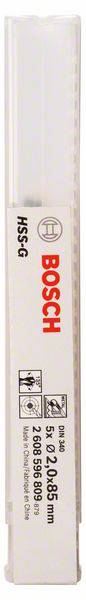 Confezione per punte Bosch, Tipo: HSS-G, DIN 338, Dimensioni: 5xØ2,5x59mm, diametro 2,5mm, confezione da 5 pezzi.