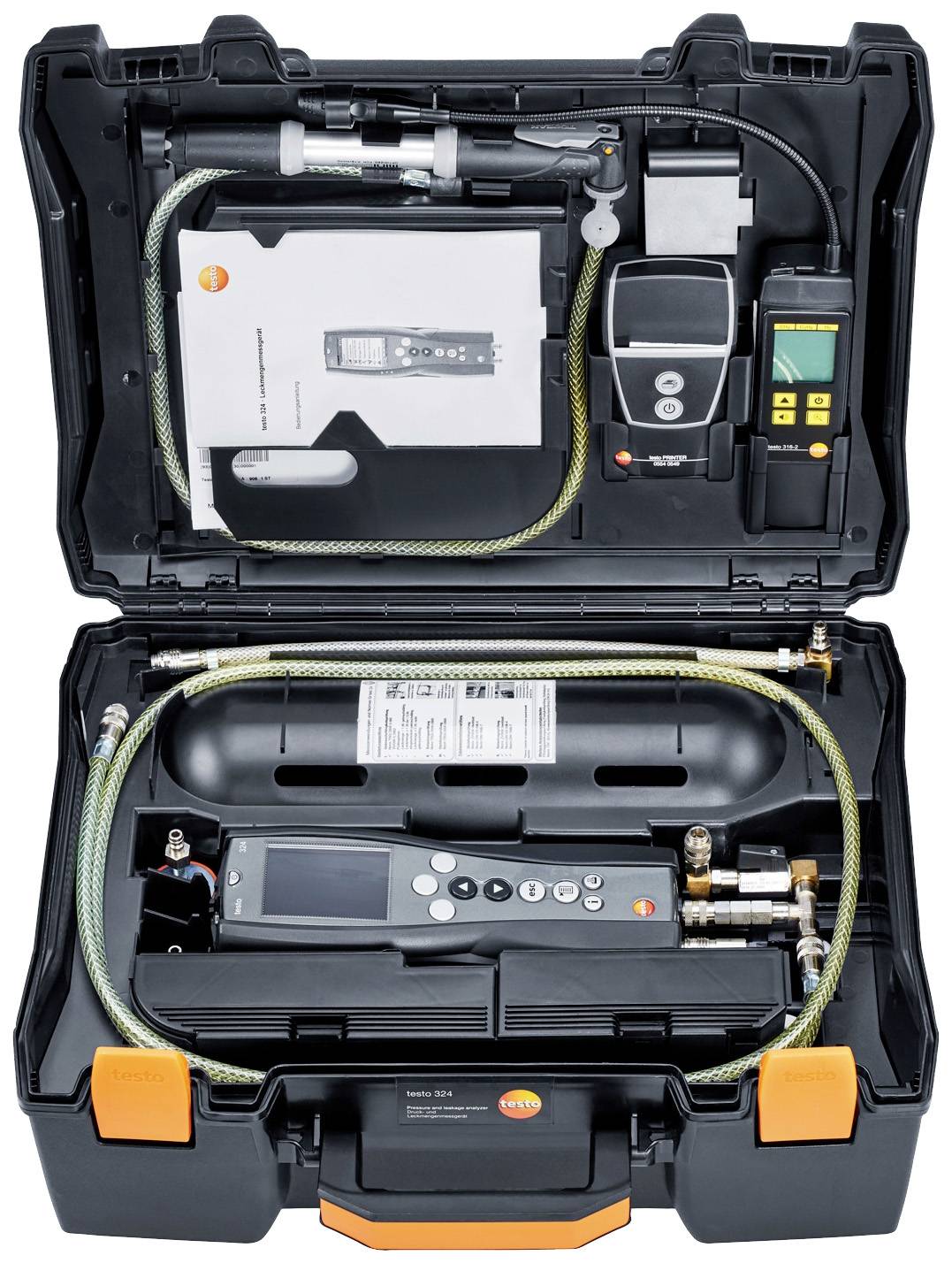 Un bagaglio aperto mostra un set di strumenti di misurazione con vari attrezzi e accessori per analisi ambientali o del gas.