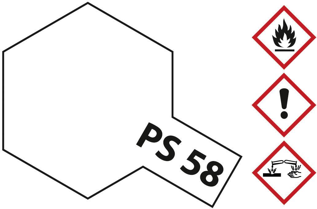 Formula strutturale di 'PS 58' accanto ai simboli di pericolo: fiamma per l'infiammabilità, punto esclamativo per l'avvertenza, acido sulle mani per la corrosività.