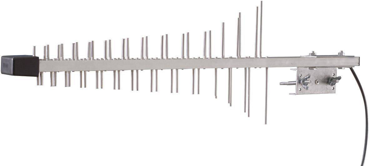 Un'antenna Yagi con più elementi è fissata a un supporto. Viene utilizzata per la ricezione di segnali wireless.