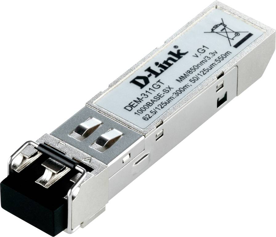 Modulo ricetrasmettitore ottico SFP D-Link su sfondo bianco, mostrato in vista angolata con estremità connettore nera e corpo argentato.