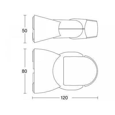 Disegno tecnico di un WC con indicazioni dimensionali: 50 cm di larghezza, 80 cm di lunghezza, 120 cm di profondità. Vista dall'alto e laterale.