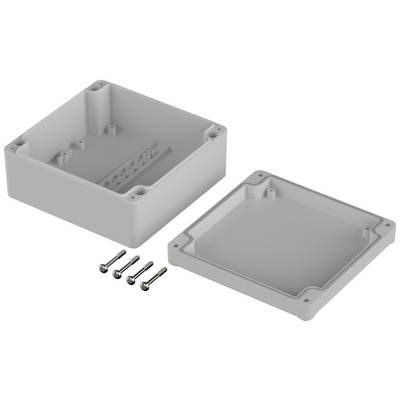 Un involucro in plastica grigio rettangolare, composto da due parti: una base e un coperchio. Quattro viti sono posizionate accanto.