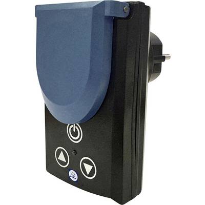 Modulo presa elettrica con copertura blu e tre pulsanti: un interruttore On/Off e due tasti direzionali, vista laterale.