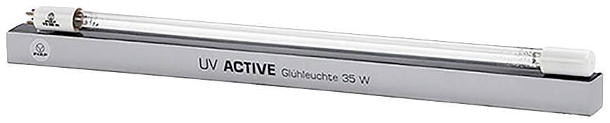 Una lampada fluorescente UV con la scritta 'UV ACTIVE Glührohre 35 W' su un supporto argentato.