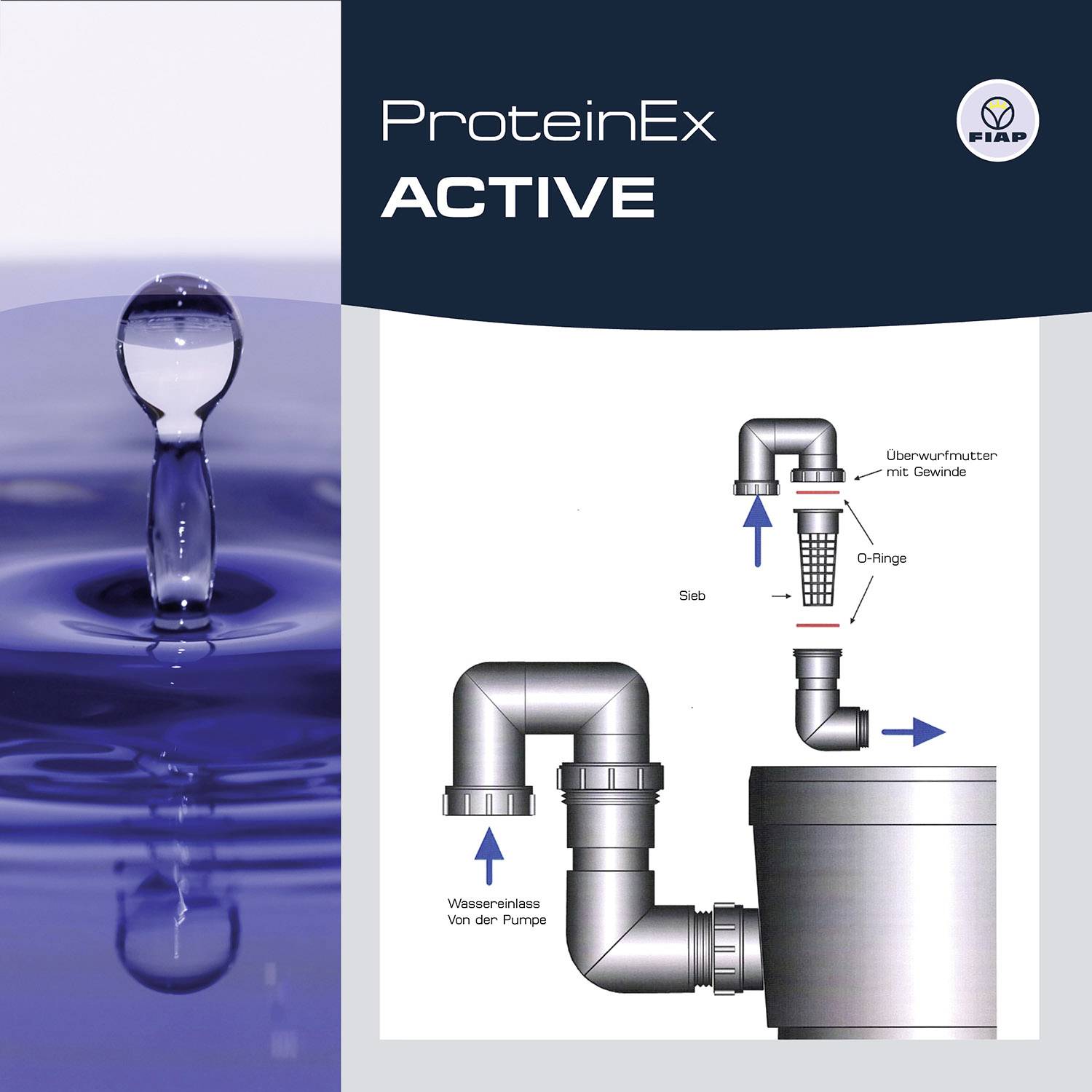 "ProteinEx ACTIVE" è il titolo. A sinistra si vede una goccia d'acqua sopra l'acqua. A destra c'è un disegno tecnico di un sistema di filtraggio.