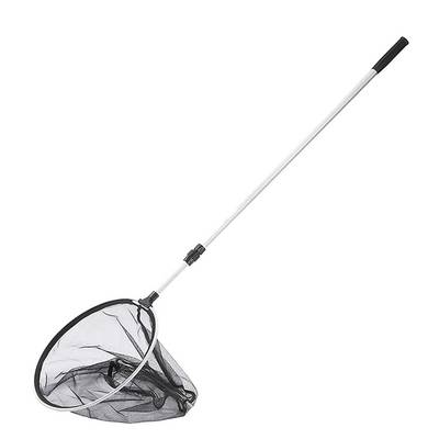 Guadino lungo con rete nera e manico telescopico argentato, adatto per la pesca o la raccolta di oggetti.
