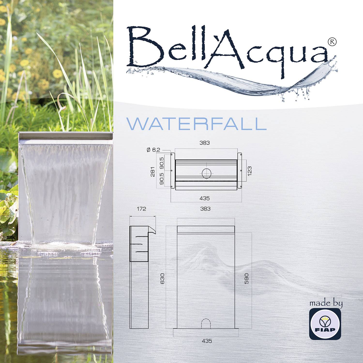 Cascata con cornice rettangolare in acciaio inossidabile, accanto a un disegno tecnico con misure. Testo: 'BellAcqua Waterfall'.