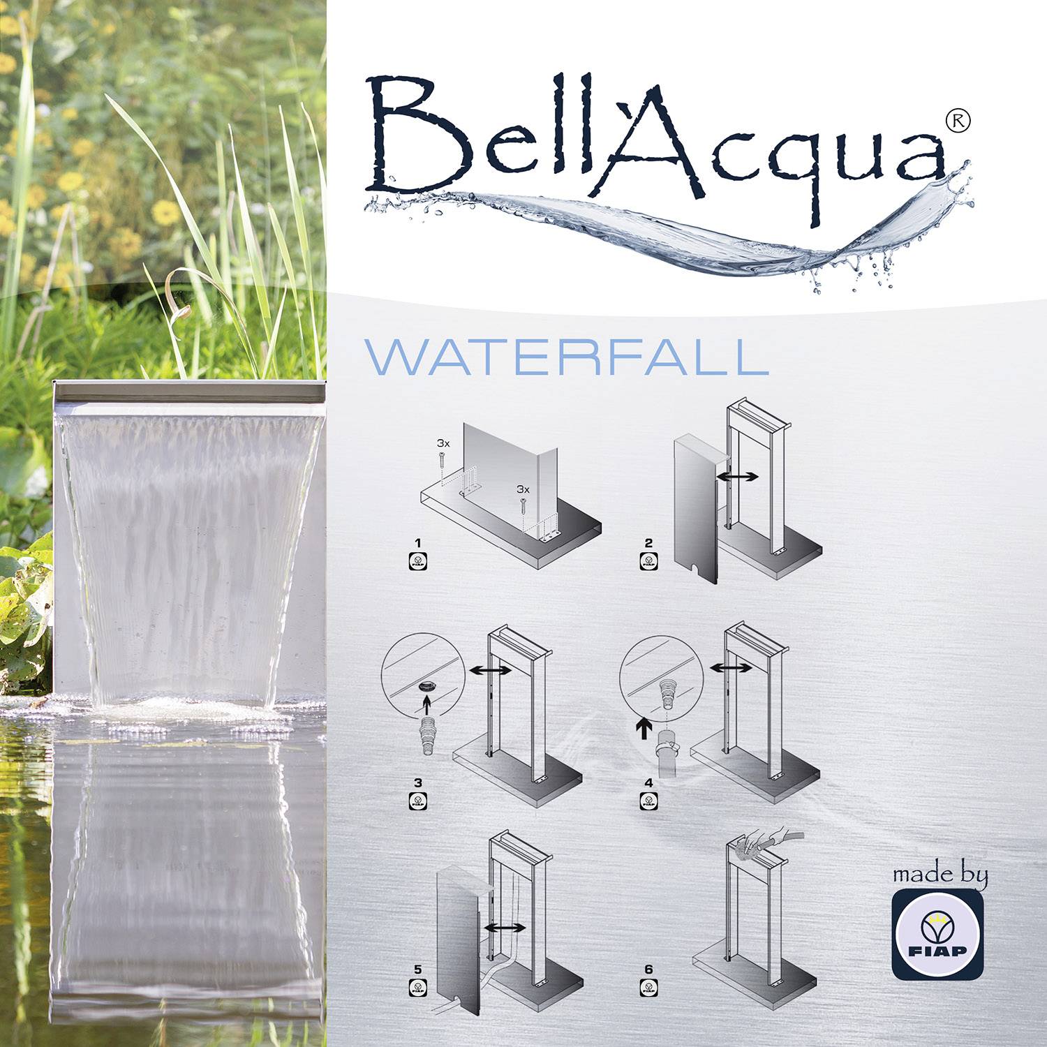 'BellAcqua Cascata': Bacino della cascata in giardino con riflesso. Lato destro: Istruzioni di montaggio in sei passaggi.