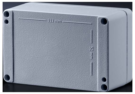 Involucro rettangolare grigio con dimensioni di 113 mm x 52 mm, angoli con fori per viti; superficie liscia, ideale per applicazioni elettroniche.