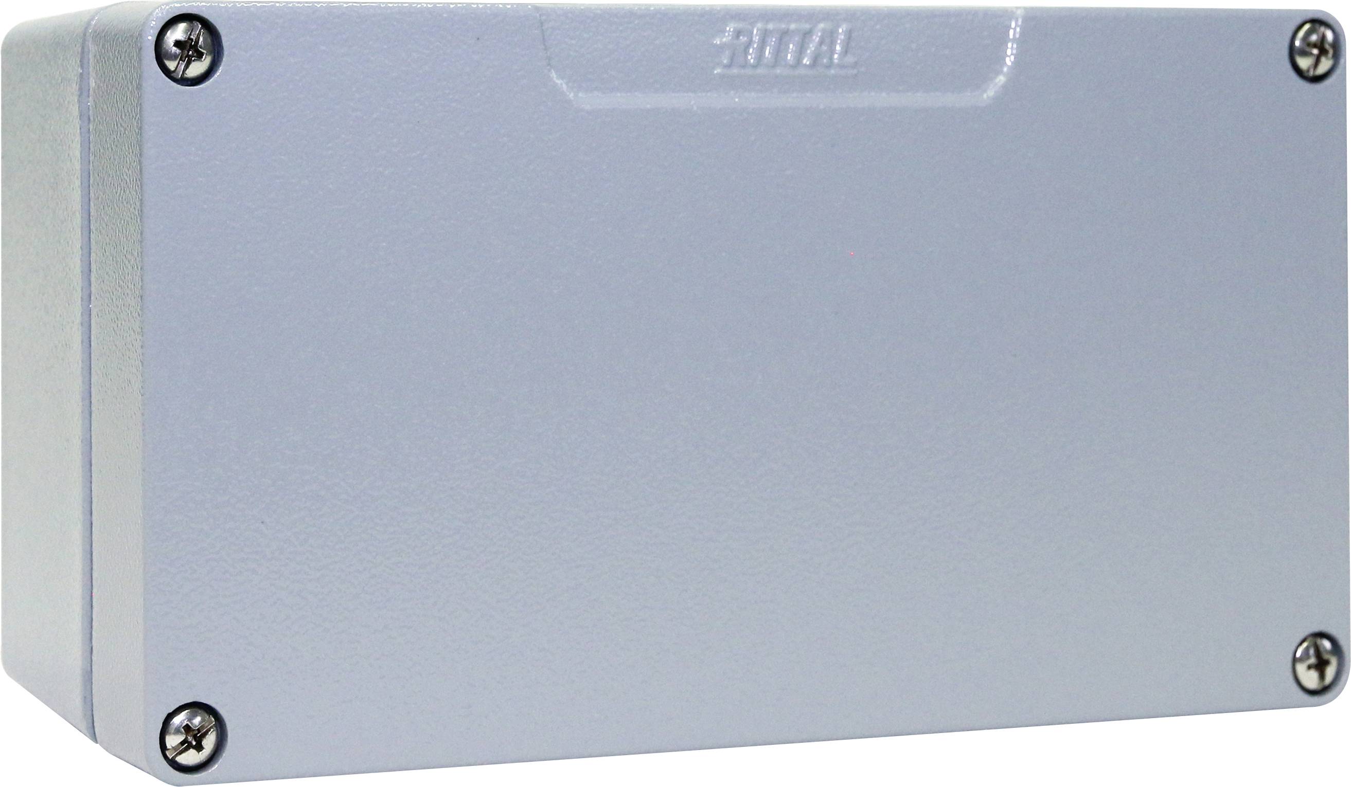Involucro metallico grigio, rettangolare, con quattro viti agli angoli, adatto per applicazioni tecniche o protezione dei cablaggi.