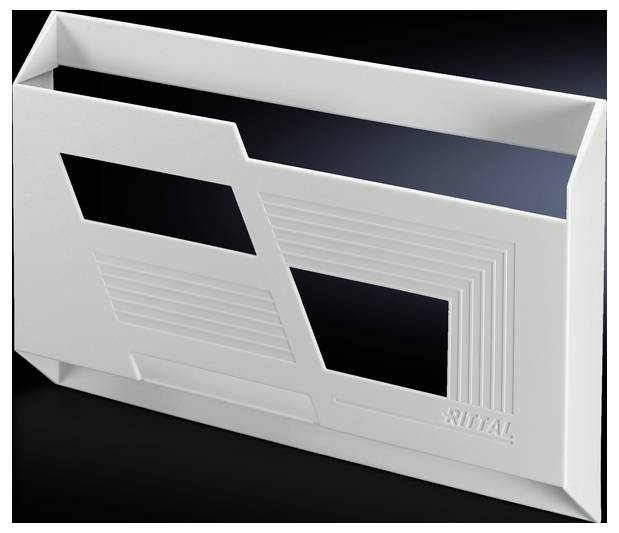 Un telaio rettangolare bianco in plastica con linee diagonali e parallele e un ritaglio rettangolare; marchio 'Rittal' visibile.