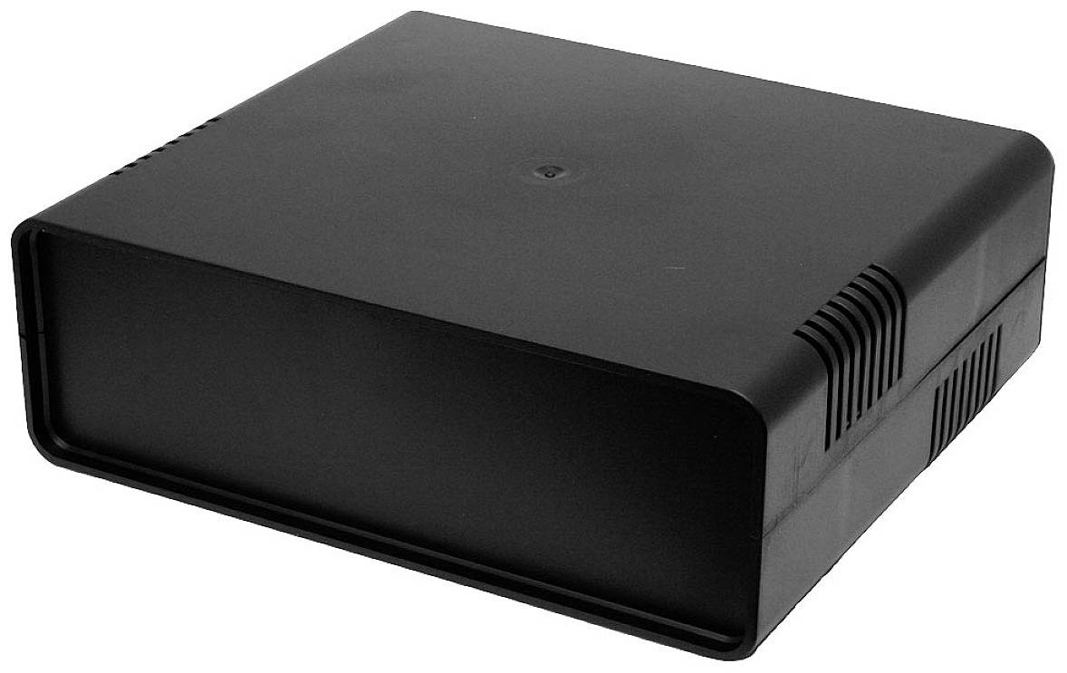 Scatola in plastica nera, rettangolare, con fessure di ventilazione sui lati, idonea per dispositivi elettronici o hard disk.