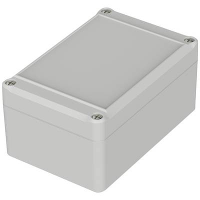 Un involucro rettangolare grigio con angoli arrotondati e viti visibili in ogni angolo, tipico contenitore per dispositivi elettronici.
