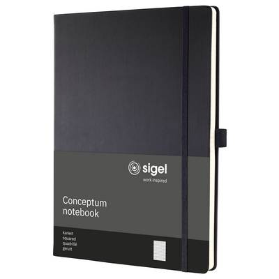 Quaderno Sigel 'Conceptum' nero con chiusura a elastico e pagine a quadretti visibili in copertina.